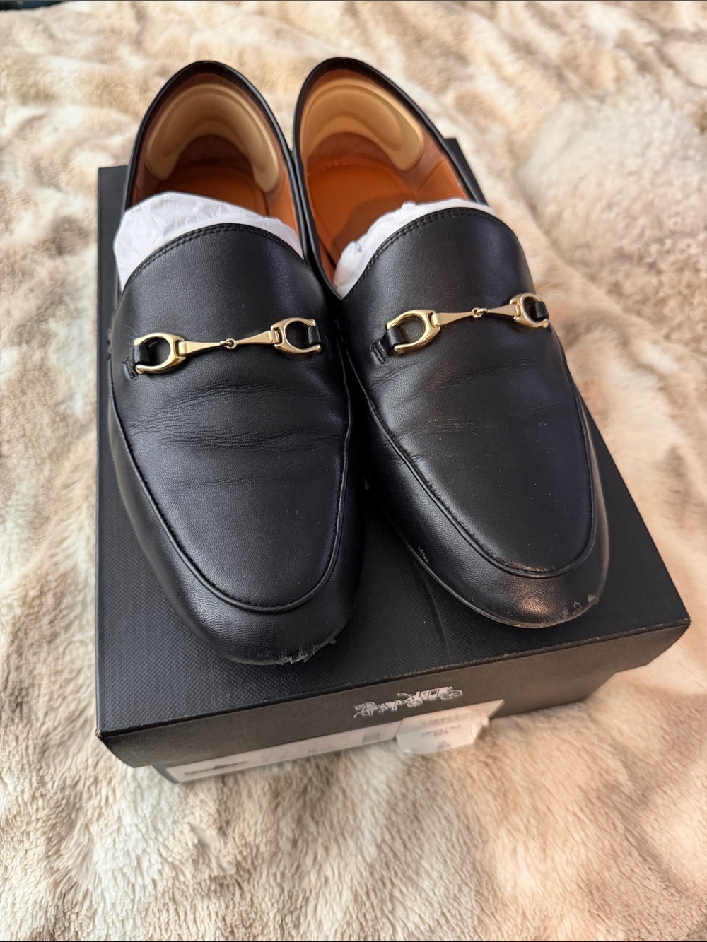 Coach Black Leather Haley Slip-On Loafers with Gold Bit